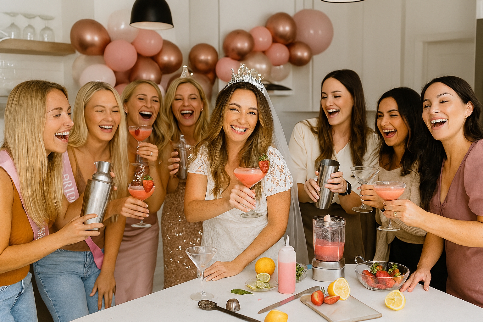 Seven women at a hens party laugh and make cocktails around a kitchen island, with festive decorations, pink drinks, and mixology tools in a bright modern space.